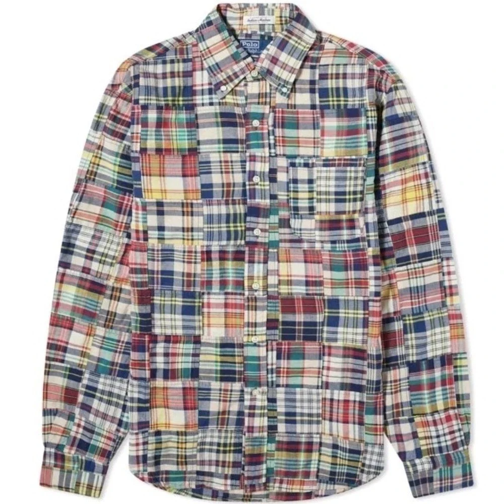 Vintage Polo Ralph Lauren Men's XXL Patchwork‎ Shirt Madras Y2K Casual Vacay EUC